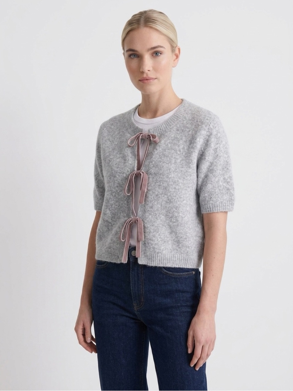 Cynthia Rowley Light Gray Short-Sleeve Cardigan with Pink Tie Bows